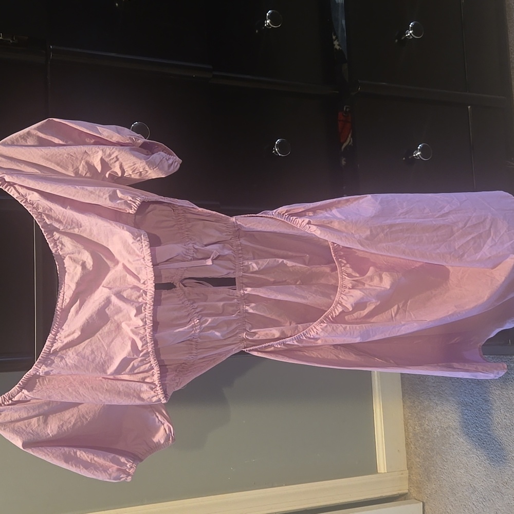NWT Shasa Purple Lilac Puff Sleeve Cut Out Mini Dress Size Medium Tie Bow - Picture 2 of 5